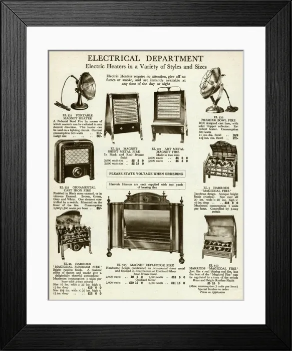 Framed Print : Electric Fires 1929 Framed Print : Electric Fires 1929