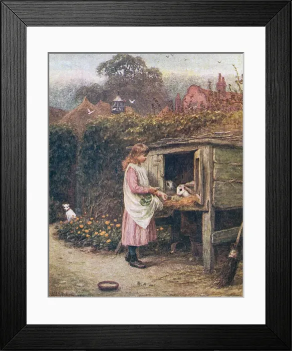 Framed Print : Girl Feeds Rabits 1880 Framed Print : Girl Feeds Rabits 1880