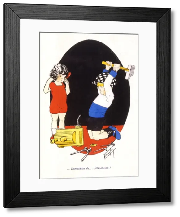 Framed Print : Destructive boy demolishes radio Framed Print : Destructive boy demolishes radio