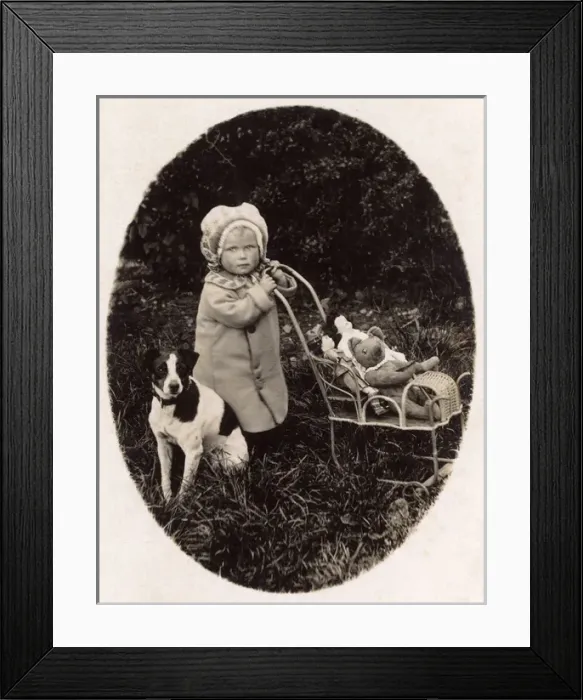Framed Print : Child / Toy Pram / Dog Framed Print : Child / Toy Pram / Dog