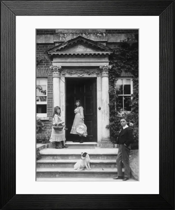Framed Print : Boy / Girls / Dog on Steps Framed Print : Boy / Girls / Dog on Steps