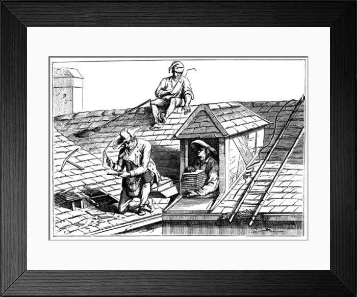 Framed Print : 3 Men Tile a Roof Framed Print : 3 Men Tile a Roof
