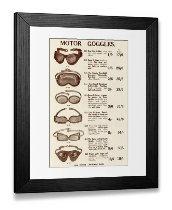 Framed Print : Motor goggles 1923 Framed Print : Motor goggles 1923