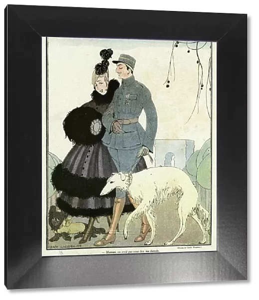 Cartoon, French soldier and his mother, WW1