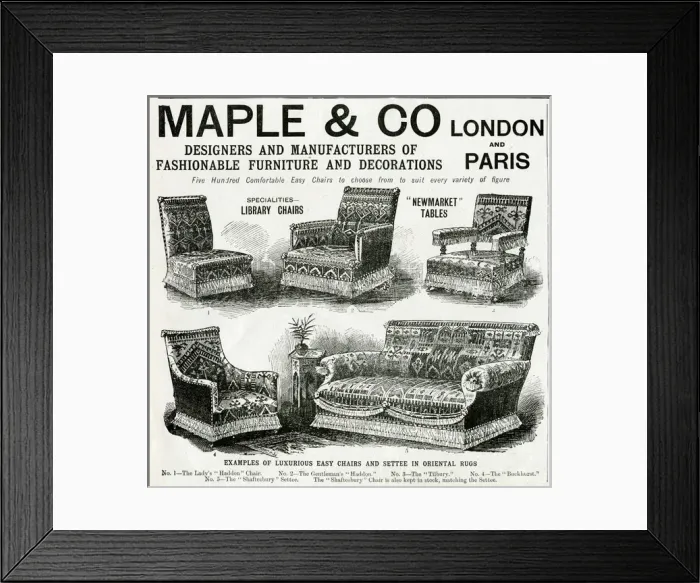 Framed Print : Advert for Maple & Co oriental sytle easy chairs 1900 Framed Print : Advert for Maple & Co oriental sytle easy chairs 1900