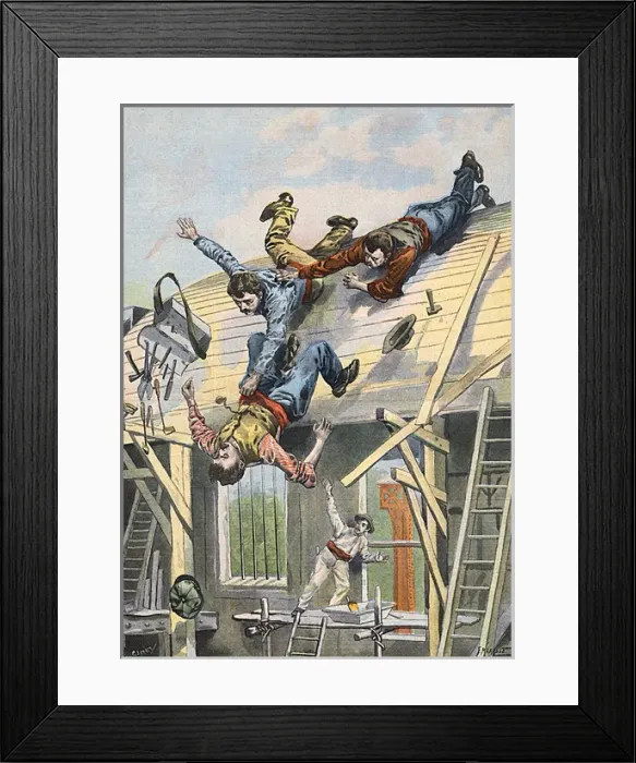 Framed Print : Builders Fall Off a Roof Framed Print : Builders Fall Off a Roof