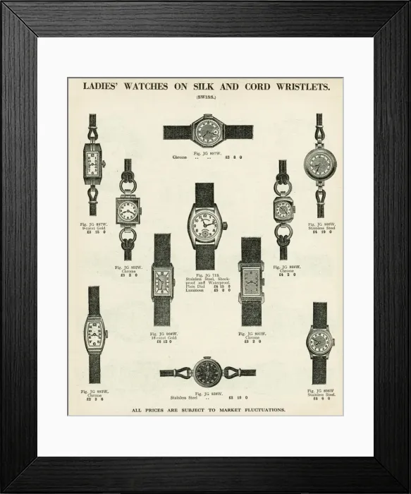 Framed Print : Ladies wristwatches with silk and cord straps 1937 Framed Print : Ladies wristwatches with silk and cord straps 1937
