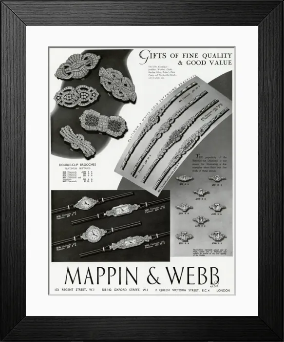 Framed Print : Advert for Mappin & Webb quality jewellery 1938 Framed Print : Advert for Mappin & Webb quality jewellery 1938