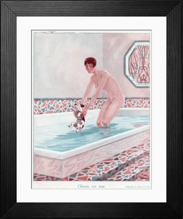 Framed Print : Dog and Woman Bathing Framed Print : Dog and Woman Bathing