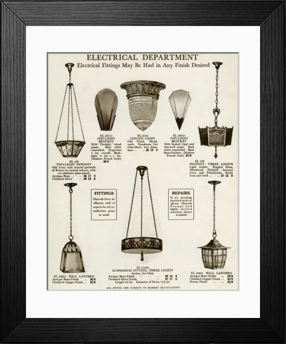 Framed Print : Electric ceiling & wall lights using glass and metal 1929