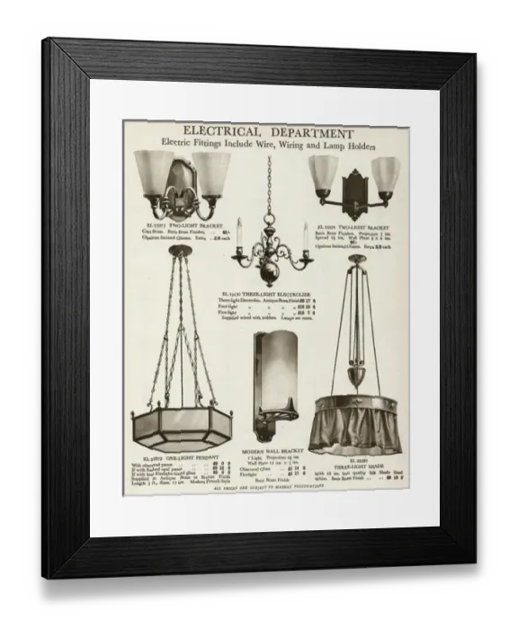 Framed Print : Electric ceiling pendant & bracket lights 1929 Framed Print : Electric ceiling pendant & bracket lights 1929