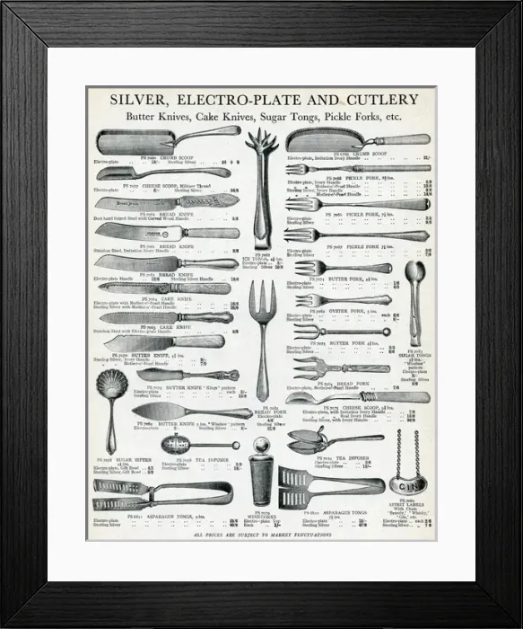 Framed Print : Seletion of sterling silver, electro-plate cutlery 1929 Framed Print : Seletion of sterling silver, electro-plate cutlery 1929