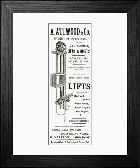 Framed Print : Advert for A. Attwood & Co. lifts and hoists 1889 Framed Print : Advert for A. Attwood & Co. lifts and hoists 1889