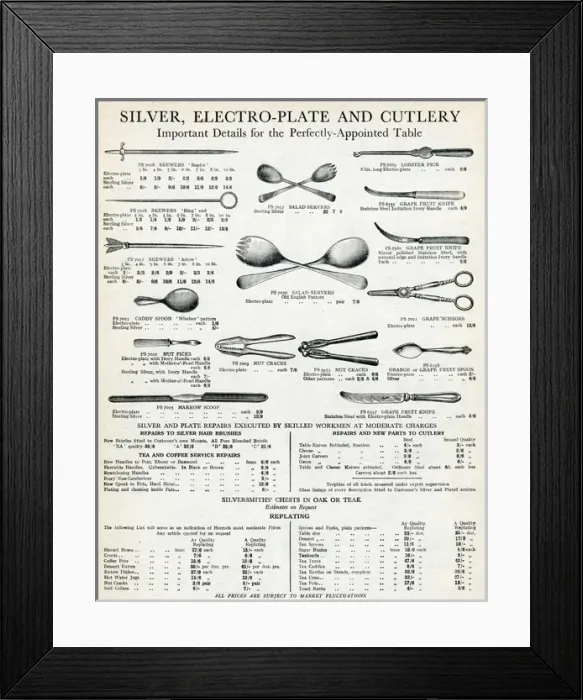 Framed Print : Seletion of sterling silver, electro-plate cutlery 1929 Framed Print : Seletion of sterling silver, electro-plate cutlery 1929