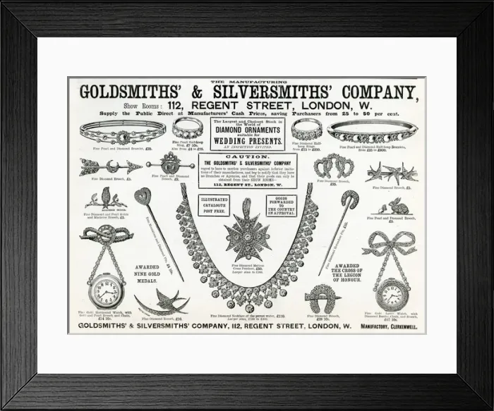 Framed Print : Advert for Goldsmiths & Silversmiths jewellery 1893 Framed Print : Advert for Goldsmiths & Silversmiths jewellery 1893