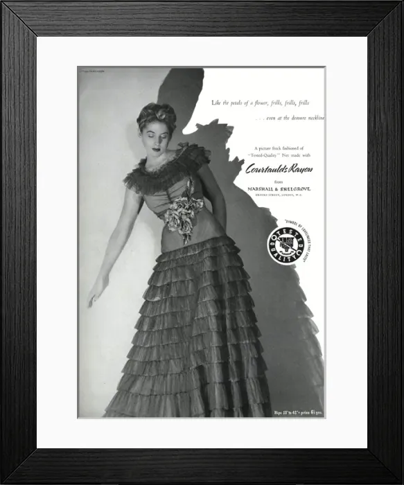 Framed Print : Advert for Marshall & Snelgrove frilly dress 1938 Framed Print : Advert for Marshall & Snelgrove frilly dress 1938