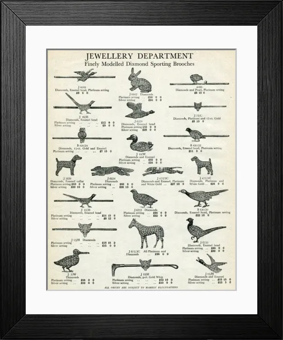 Framed Print : Finely modelled diamond sporting brooches 1929 Framed Print : Finely modelled diamond sporting brooches 1929
