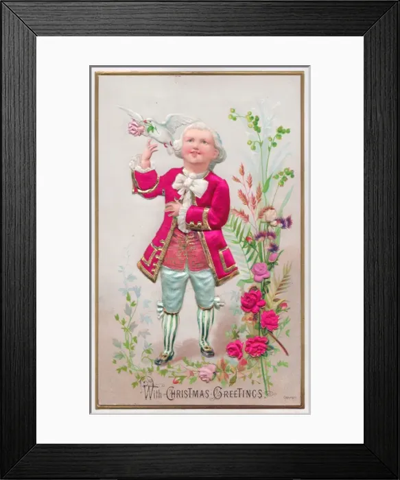 Framed Print : Man in historical costume on a fabric Christmas card Framed Print : Man in historical costume on a fabric Christmas card