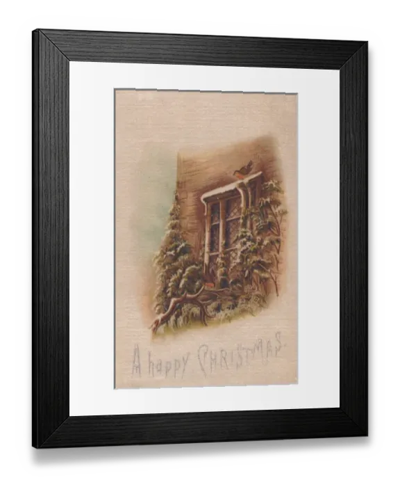 Framed Print : Robin perched on a window on a fabric Christmas card Framed Print : Robin perched on a window on a fabric Christmas card