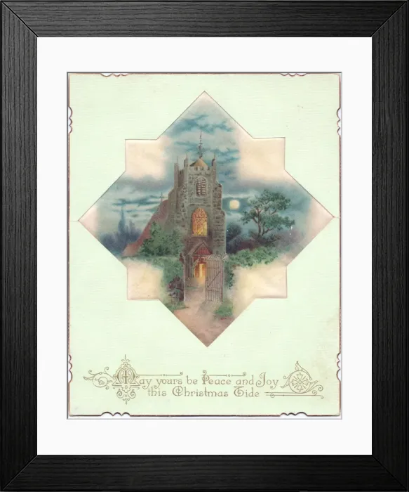 Framed Print : Church in moonlight on a fabric Christmas card Framed Print : Church in moonlight on a fabric Christmas card