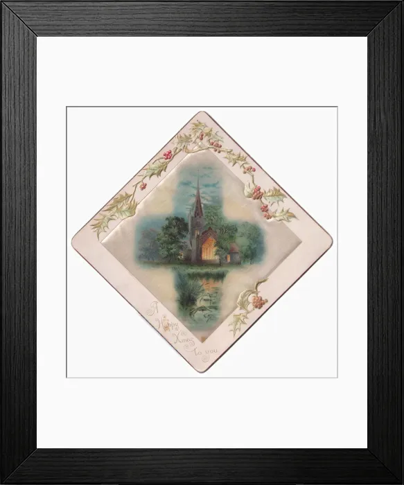 Framed Print : Church in moonlight on a fabric Christmas card Framed Print : Church in moonlight on a fabric Christmas card