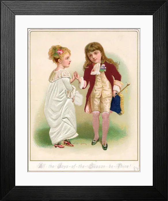 Framed Print : Couple in historical costume on a fabric Christmas card Framed Print : Couple in historical costume on a fabric Christmas card