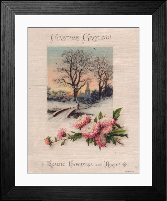 Framed Print : Snow scene with church on a fabric Christmas card Framed Print : Snow scene with church on a fabric Christmas card