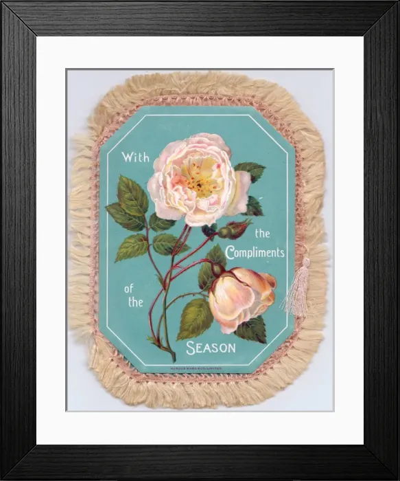 Framed Print : Two pink roses on a fabric Christmas card Framed Print : Two pink roses on a fabric Christmas card