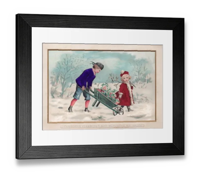 Framed Print : Boy and girl in snow on a fabric Christmas card Framed Print : Boy and girl in snow on a fabric Christmas card