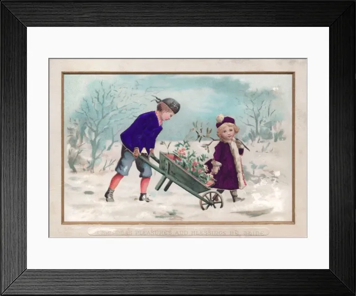 Framed Print : Boy and girl in snow on a fabric Christmas card Framed Print : Boy and girl in snow on a fabric Christmas card
