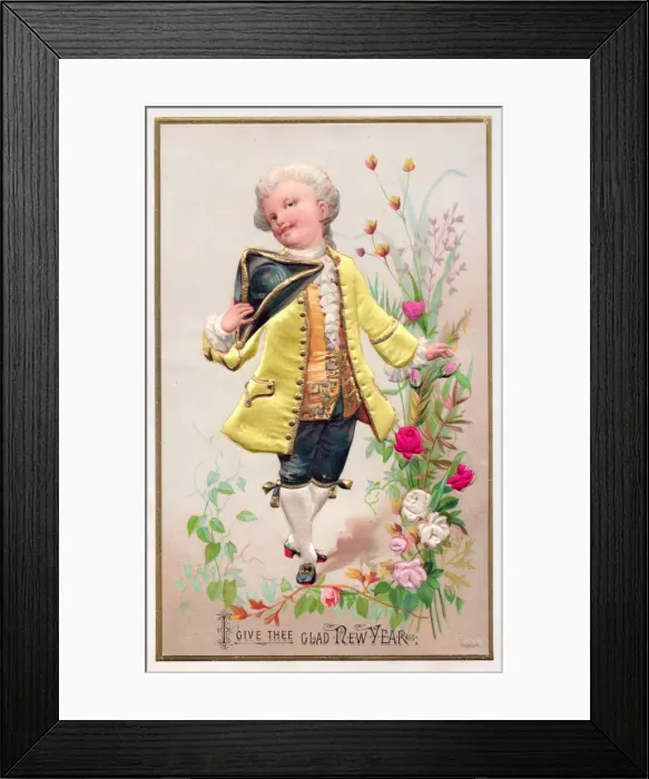 Framed Print : Man in historical costume on a fabric New Year card Framed Print : Man in historical costume on a fabric New Year card