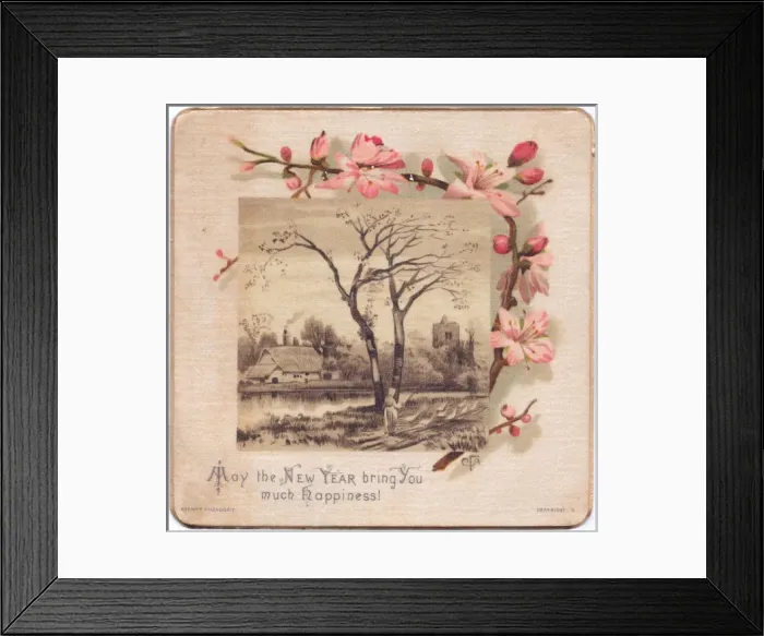 Framed Print : Rural scene with church on a fabric New Year card Framed Print : Rural scene with church on a fabric New Year card