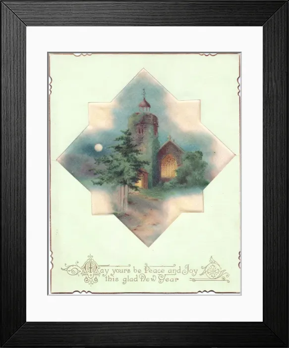 Framed Print : Church in moonlight on a fabric New Year card Framed Print : Church in moonlight on a fabric New Year card