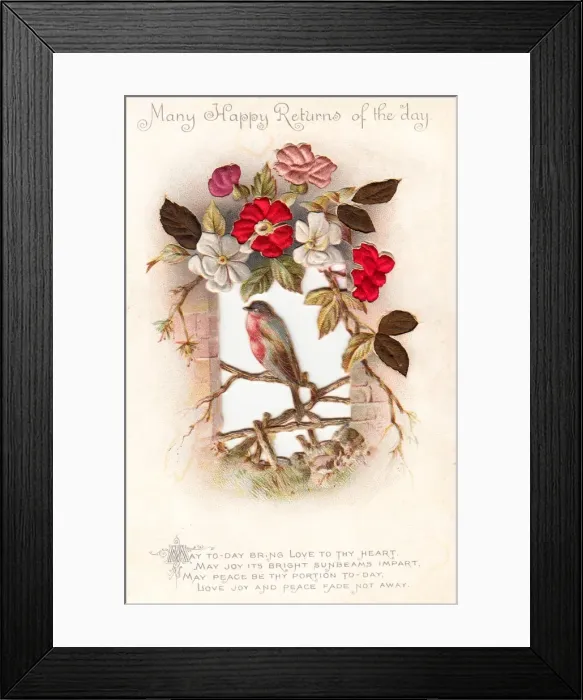 Framed Print : Robin and flowers on a fabric birthday card Framed Print : Robin and flowers on a fabric birthday card