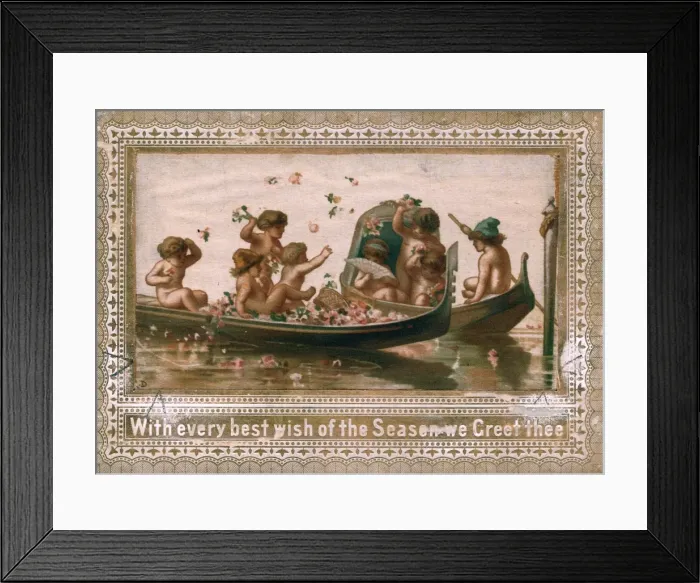 Framed Print : Fairies in boats on a fabric Christmas card Framed Print : Fairies in boats on a fabric Christmas card