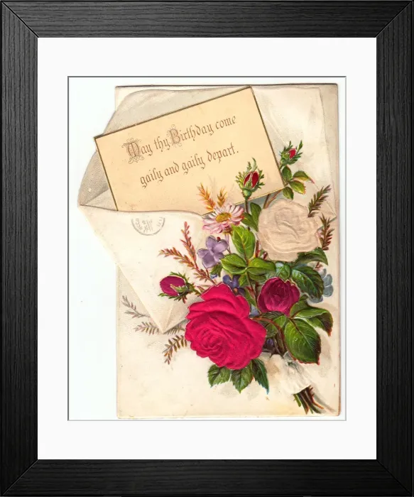 Framed Print : Bunch of flowers with envelope on a fabric birthday card Framed Print : Bunch of flowers with envelope on a fabric birthday card