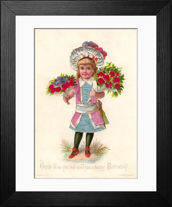 Framed Print : Girl with flowers on a fabric birthday card Framed Print : Girl with flowers on a fabric birthday card