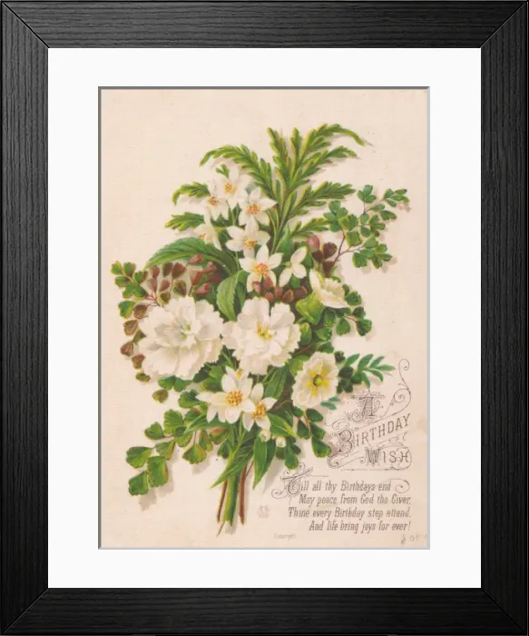 Framed Print : Bunch of white flowers on a fabric birthday card Framed Print : Bunch of white flowers on a fabric birthday card