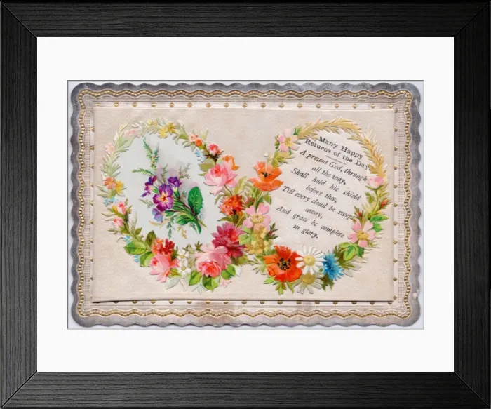 Framed Print : Circles of flowers on a fabric birthday card Framed Print : Circles of flowers on a fabric birthday card