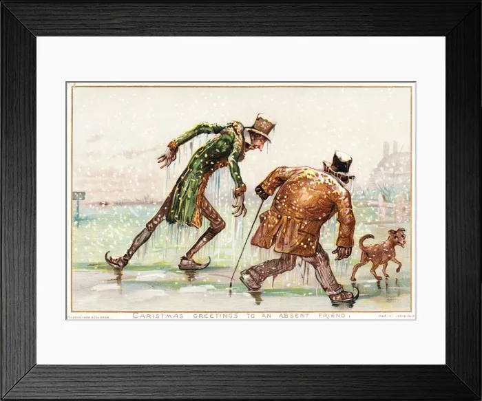Framed Print : People on the ice on a comic Christmas card Framed Print : People on the ice on a comic Christmas card