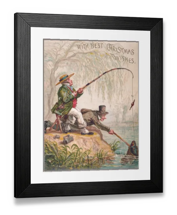 Framed Print : Two men fishing on a comic Christmas card Framed Print : Two men fishing on a comic Christmas card