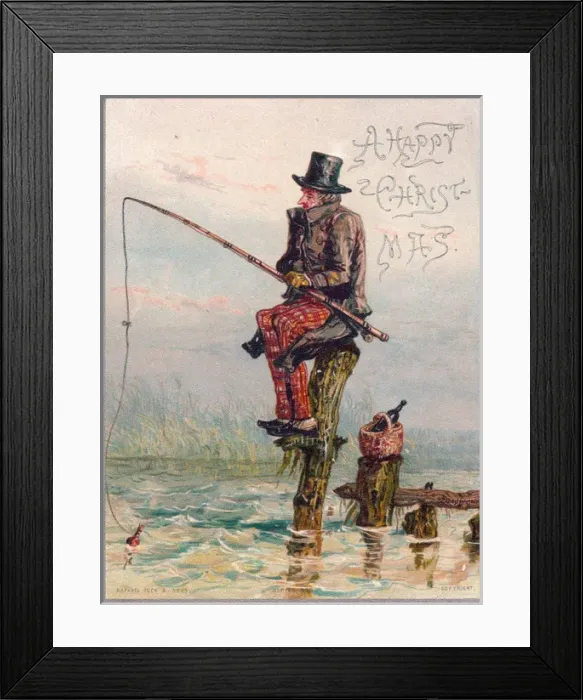 Framed Print : Man fishing on a comic Christmas card Framed Print : Man fishing on a comic Christmas card