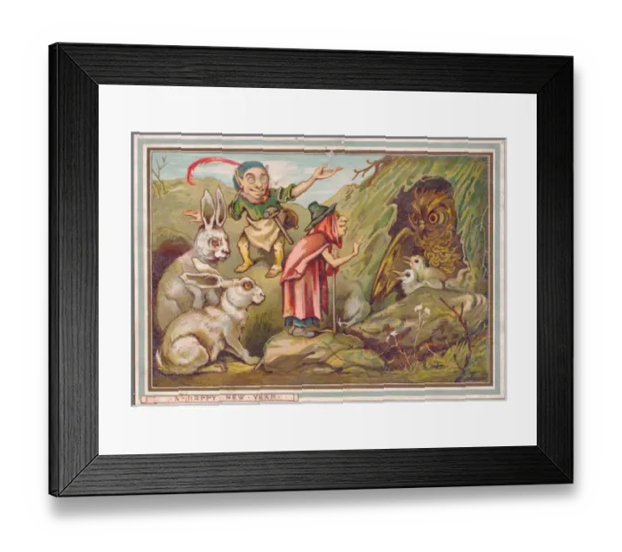 Framed Print : Animals, birds and fairy folk on a New Year card Framed Print : Animals, birds and fairy folk on a New Year card