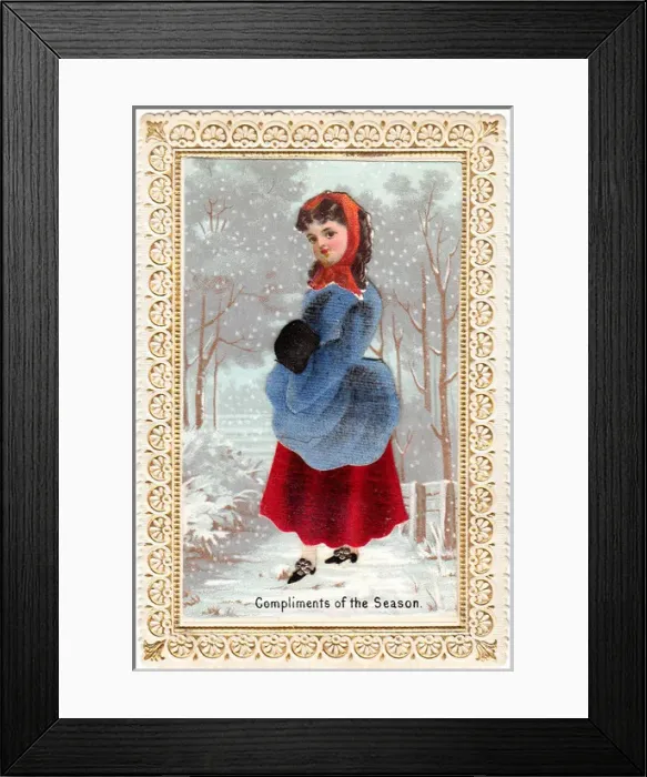 Framed Print : Girl in the snow on a fabric Christmas card Framed Print : Girl in the snow on a fabric Christmas card