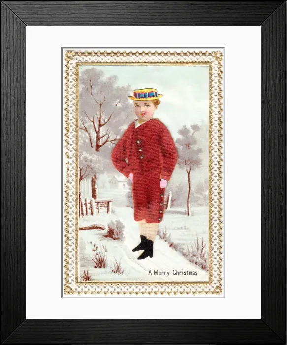 Framed Print : Boy in the snow on a fabric Christmas card Framed Print : Boy in the snow on a fabric Christmas card