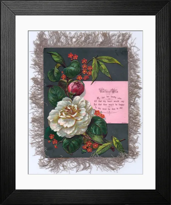 Framed Print : Spray of flowers on a fabric birthday card Framed Print : Spray of flowers on a fabric birthday card