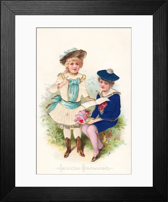 Framed Print : Boy and girl with flowers on a German greetings card Framed Print : Boy and girl with flowers on a German greetings card
