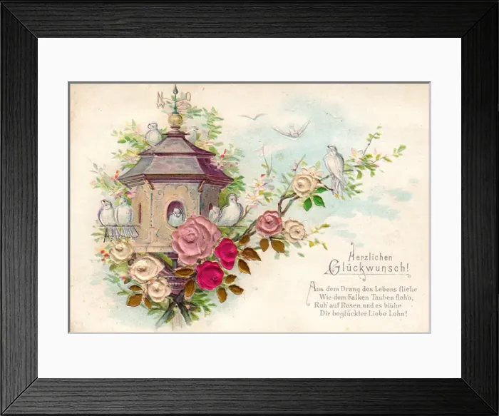 Framed Print : Doves and flowers on a German greetings card Framed Print : Doves and flowers on a German greetings card