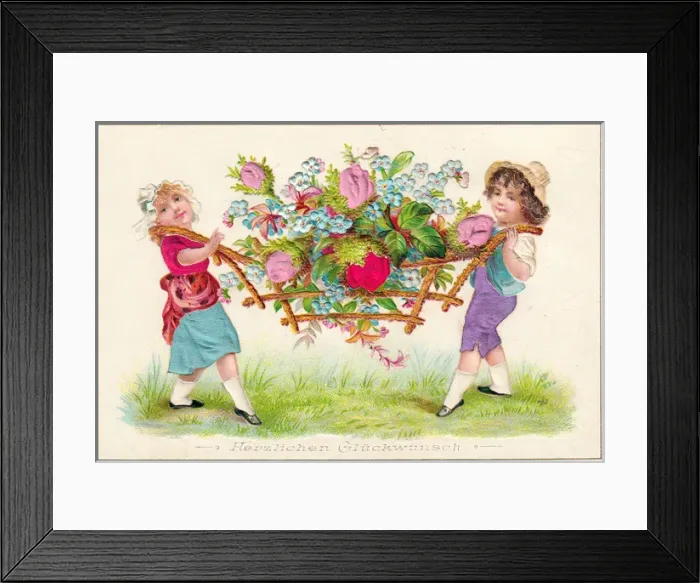 Framed Print : Boy and girl with flowers on a German greetings card Framed Print : Boy and girl with flowers on a German greetings card