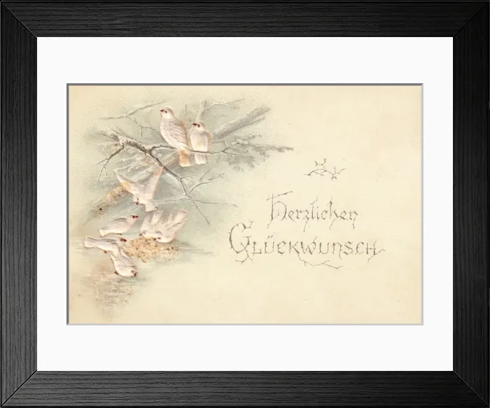 Framed Print : Doves in snow on a German greetings card Framed Print : Doves in snow on a German greetings card